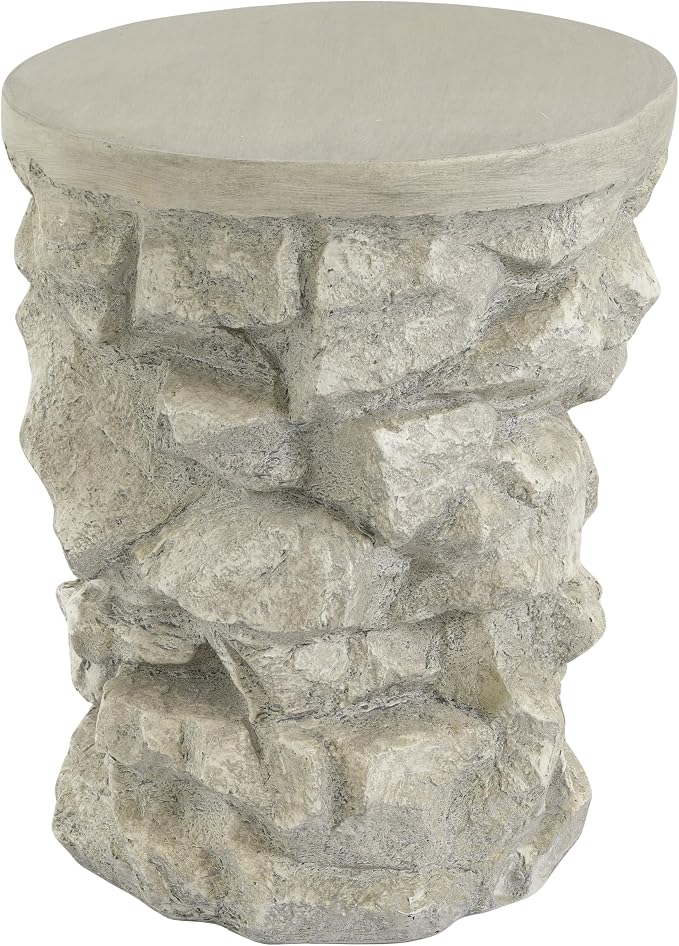 Round Outdoor Concrete Side Table, Cylinder Patio End Table, Faux Stacked Stone Accent Table with Wave for Indoor Outdoor, Garden Stool Coffee Table for Patio, Garden, Backyard - 16.42" Grey MgO
