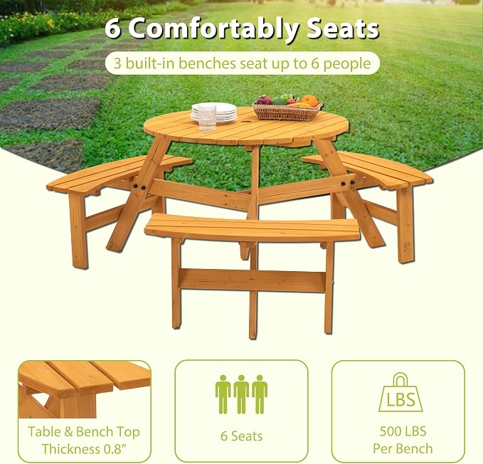 6 Person Outdoor Picnic Table with 3 Built-in Benches Round Wood Picnic Table with Umbrella Hole, Outside Picnic Tables and Bench Set for Garden,Patio, Backyard,1720LBS Total Capacity,Natural