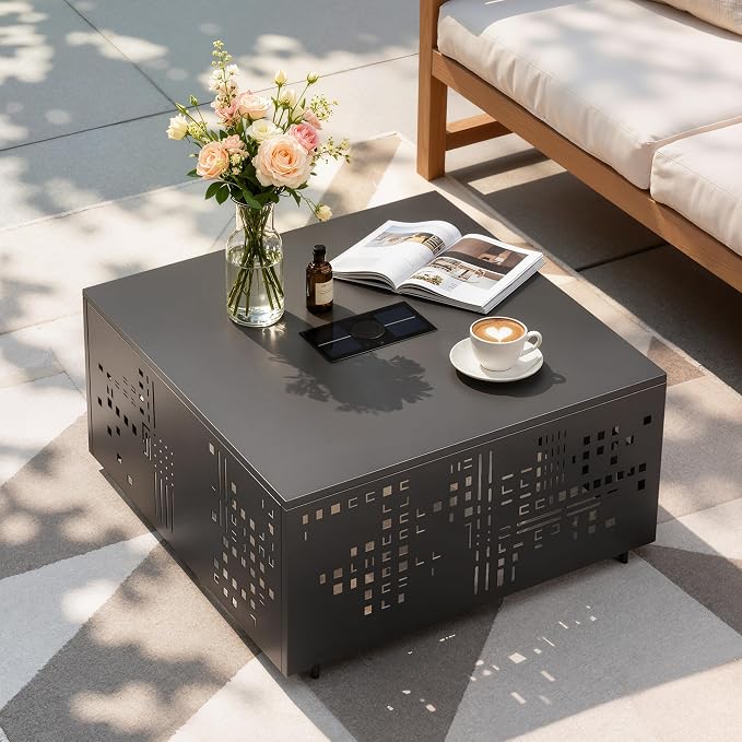 27" Outdoor Coffee Table with Solar Ambient Light & Umbrella Hole, All-Weather Rust-Resistant Metal Patio Table for Backyard Gatherings, Poolside, Small Balconies & Outdoor Living Spaces, Black