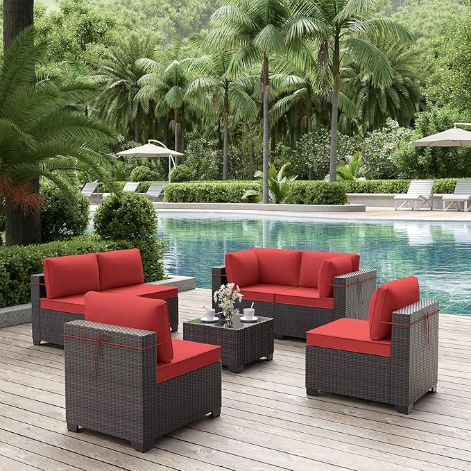 ALAULM 7 Pieces Patio Furniture Set Wicker Patio Conversation Set, Outdoor Sectional Furniture w/Coffee Table & Washable Seat Cushions-Red