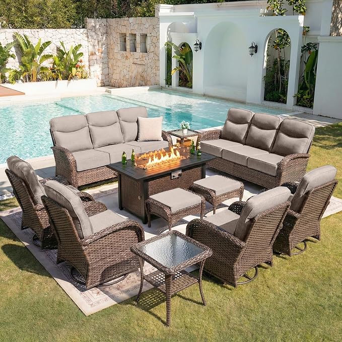 Belord Upgraded 6“ Cushion Luxury Patio Furniture Set with Fire Pit Table - 11 Piece Wicker Outdoor Furniture with High Back Swivel Rocker Patio Chairs, Conversation Set for Deck Porch - Brown/Beige