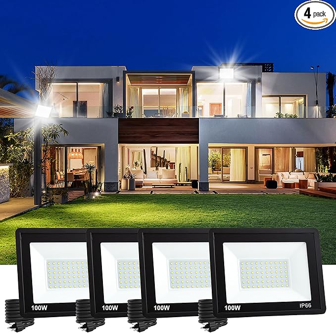 4 Pack 100W LED Flood Lights, 10000 LM Super Bright Outdoor Lights,IP66 Waterproof Outdoor Flood Light, 6000K Daylight White Floodlights for Garage Yard Garden Playground