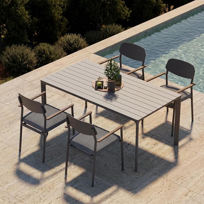 Modern Shade Luxury Outdoor Dining Set for 5, Outdoor Table and Chairs Set with Fade Resistant Cushions & FSC Teak, Premium Aluminum Patio Table and Chairs Set for Elegant Outdoor Living, Gray