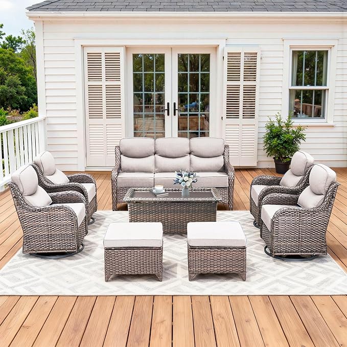 Luxury High Back Patio Furniture Set with 6-Inch Thick Cushions, 8-Pieces Outdoor Furniture with Swivel Chairs, Wicker Conversation Set for Porch, Balcony, Deck and Yard, Brown/Beige