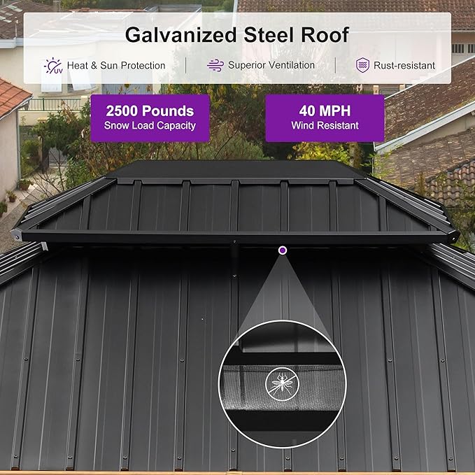 PURPLE LEAF 10' X 12' Outdoor Hardtop Gazebo for Patio Galvanized Steel Double Roof Permanent Canopy Teak Finish Coated Aluminum Frame Pavilion Gazebo with Netting