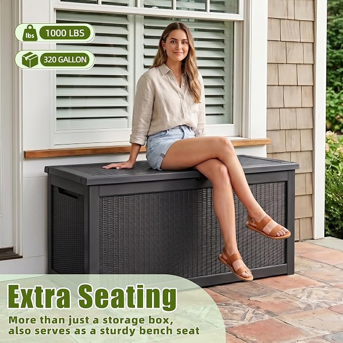 320 Gallon Storage Box, Deck Box, Large Storage Box, Waterproof &Resin with Hydraulic Rods Connected, For Patio, Lawn, Outdoor& Indoor Use Black
