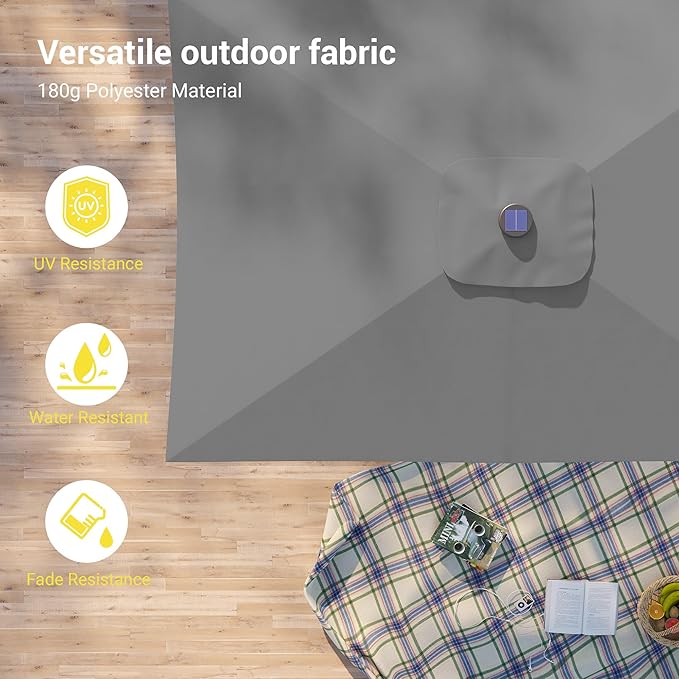 Rectangle Patio Umbrella with Solar Lights, 10 x 6.5ft Rectangular Outdoor Umbrella Table Market Patio Umbrella with Push Button Tilt and Crank for Garden, Deck, Backyard, Pool