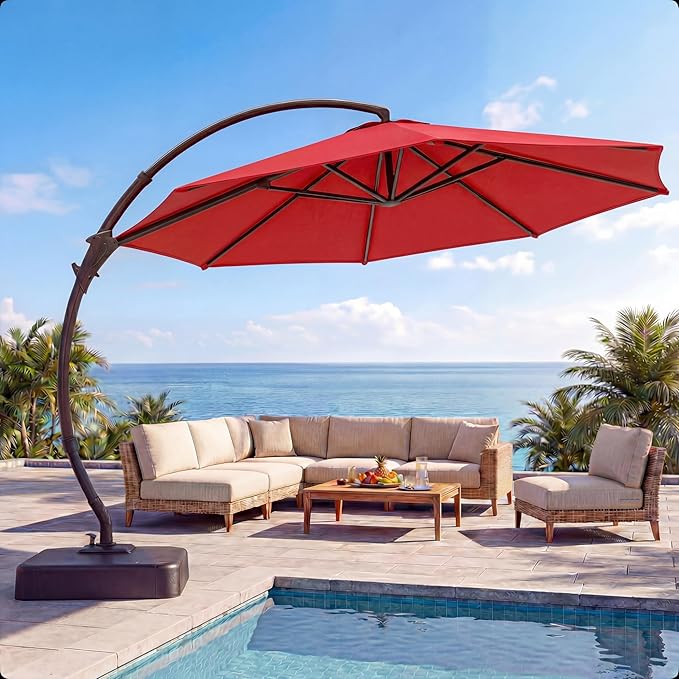 LAUSAINT HOME 11FT Curvy Cantilever Patio Umbrella with Base, 360° Rotation Offset Outdoor Umbrella, Heavy Duty Hanging Umbrella for Backyard, Pool, Garden（Red）