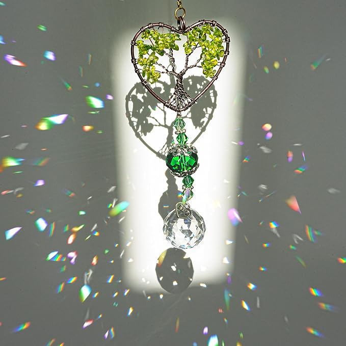 Green Tree of Life Crystal Suncatcher Car Rear View Mirror Charm Decor | Crystal Tree of Life Suncatcher Rainbow Maker Feng Shui Pendant for Car Rear View Mirror Window Garden Home Office Decor