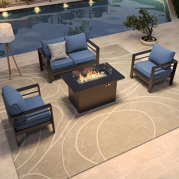 Amopatio Patio Furniture with Fire Pit, 5 Pcs Aluminum Outdoor Sectional Metal Patio Sofa Sets with Aluminum Fire Pit Table for Backyard,Dark Grey&Blue(Included Waterproof Covers)