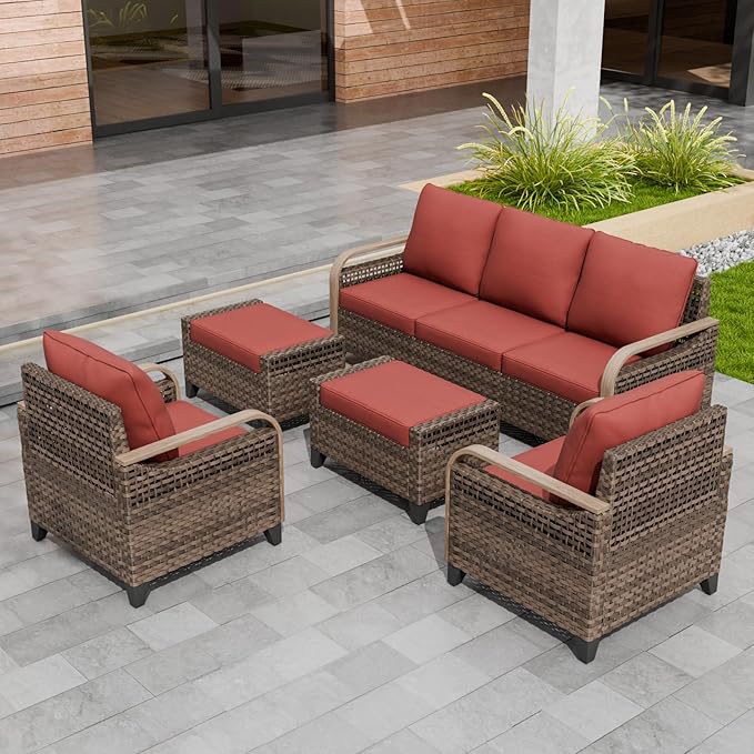 Modern Wicker Patio Furniture Set, Rattan Outdoor Conversation Set with Comfortable Cushions, 2 Patio Chairs, 3 Seat Couch and 2 Ottomans, 5 Pieces, Brown/Red