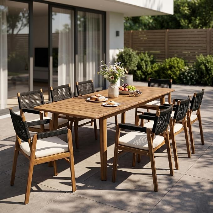 Christopher Knight Home Sky Acacia Wood Dining Table Set for 8, 9 Piece Patio Extendable Dining Table and Dining Chairs Set of 8 with Cushions & Rope Accents, Patio Furniture Set, Teak+Beige+Black