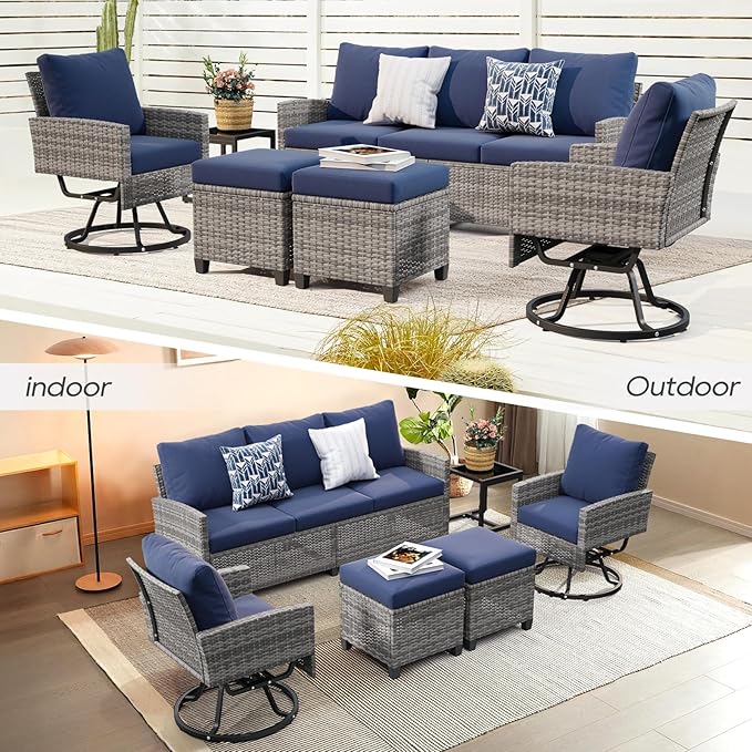 6 Piece Outdoor Furniture Set, Rattan Patio Furniture with 2 Swivel Chairs, 3-Seat Sofa, 2 Ottoman & Side Table, All-Weather Conversation Set for Porch Garden Lawn Balcony (Gray & Blue)