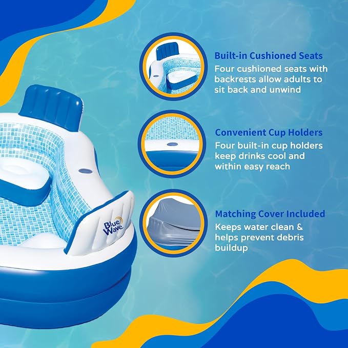 Blue Wave Premier Family Inflatable Pool with Seats – 88-in x 88-in x 26-in Four-Seater Pool for Backyard Fun – Durable 4-Person Inflatable Pool with Cover, Drain Plug & Repair Patch