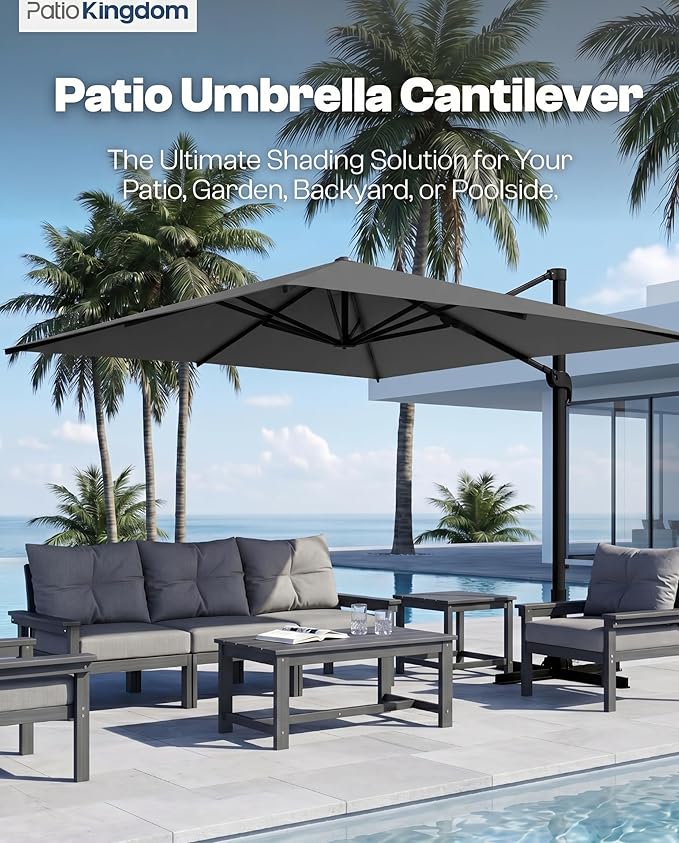 9x9 FT Square Cantilever Umbrella,Easy Tilt, Fade Resistant & 360° Rotation, Offset for Pool Deck Backyard Patiocharcoal gray (Base not Included)
