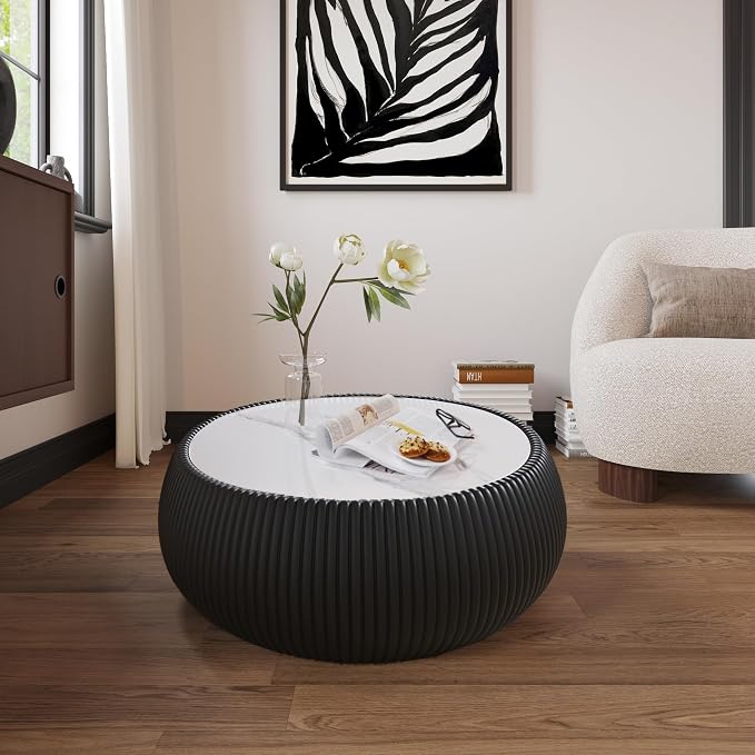 27.55" Round Coffee Table with Marble Top PU Leather Coffee Table Fluted Drum Center Tables Circle Cocktail Tea Table for Living Room Apartment No Assembly Black
