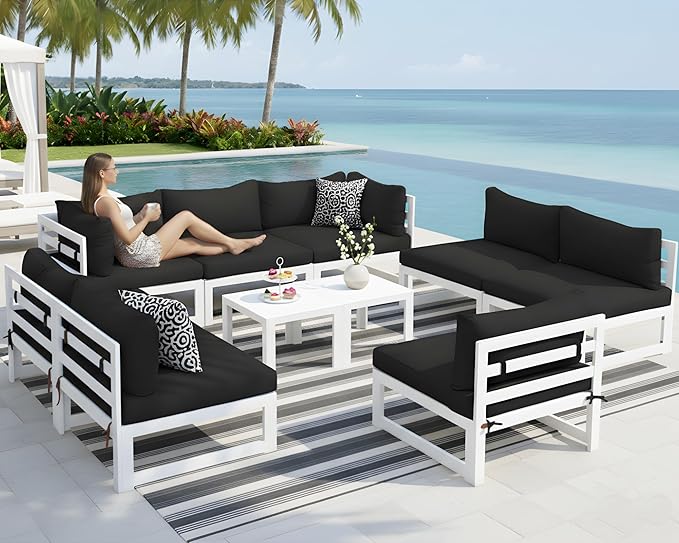 NICESOUL 10 Piece Modern Aluminum Patio Furniture Set, 500 lbs Heavy Duty Durable Outdoor Sectional Sofa, 29" Deep Wide Oversized Seating, L Shaped Comfortable Conversation Couch for Yard Deck, Black