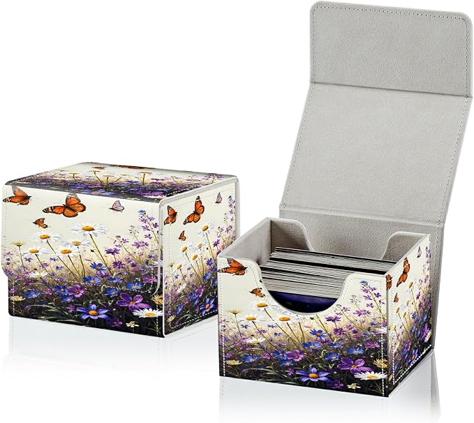 Card Deck Box for MTG, Cards Storage Box Fits 120+ Sleeved, Leather Small Size Strong Magnetic Closing Card Case for Board Games Magic TCG CCG Baseball Collection, Purple Flower Butterfly