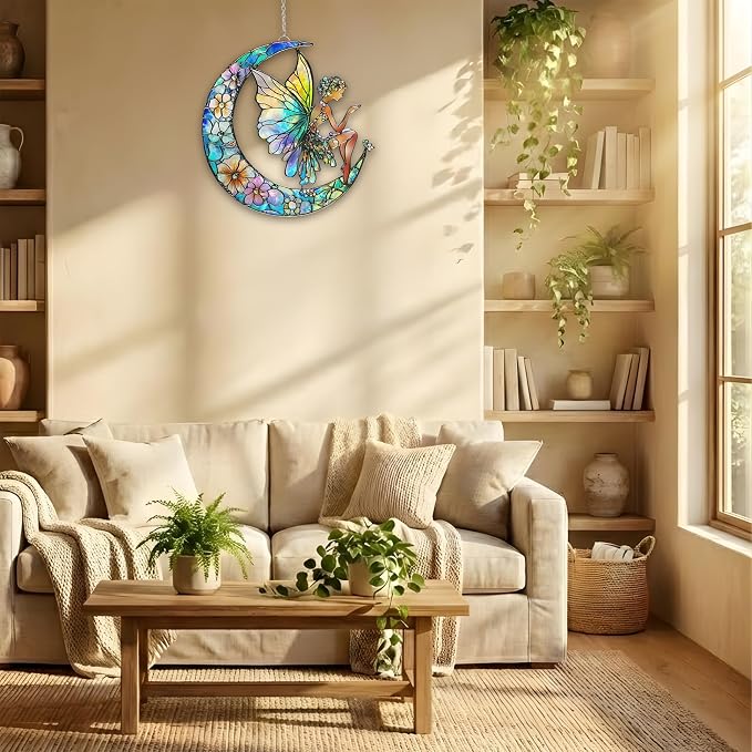 Floral Moon Fairy Acrylic Suncatcher, Boho Suncatchers for Window Hanging Ornament, Stained Glass Effect Art Garden Decor for Lover, Gifts for Mother's Day, Mom, Grandma, Wife, Women, Nana