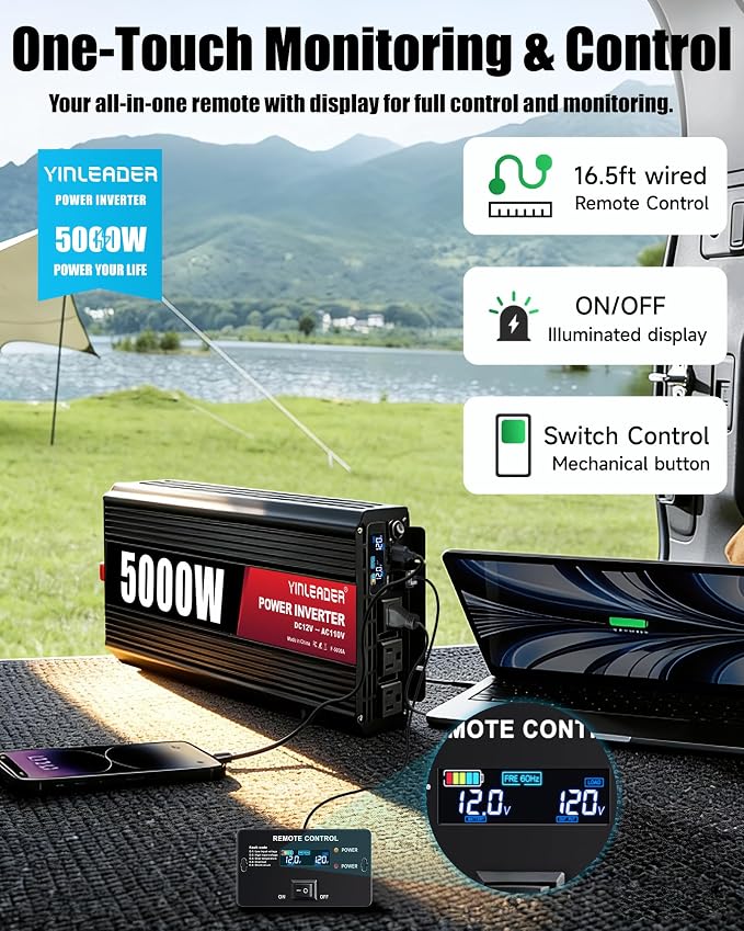 5000 Watt Power Inverter 12v to 110V/120V Converter Peak Power 10000W with 3 AC Outlets,1 USB Port, Remote Controller & LCD Screen DC to AC Inverter for RV Camping Off-Grid Solar Inverter Systems