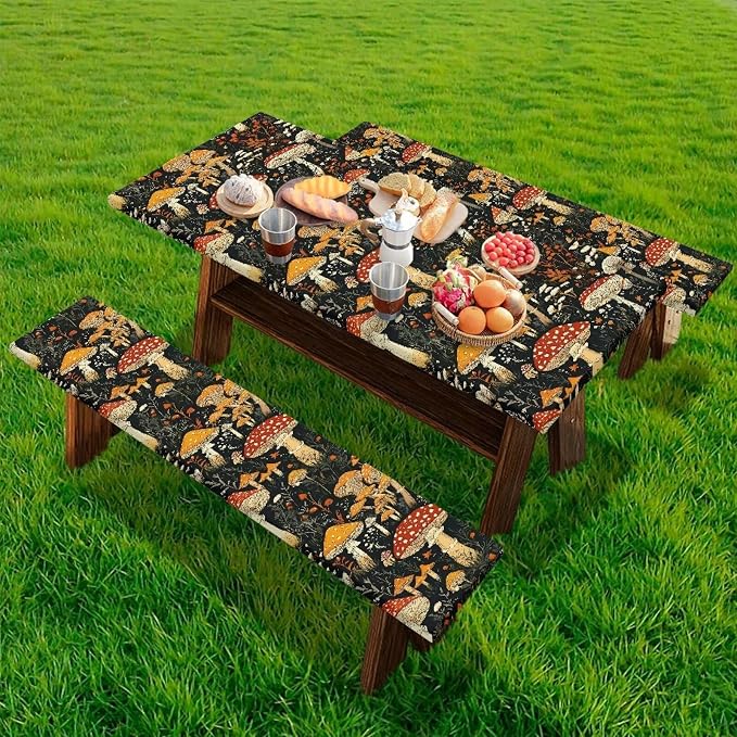 Mushroom Picnic Table Cover with Bench Covers, Beach Waterproof Outdoor Table Cover, Picnic Table Covers with Elastic Suitable for Camping Party Travel Camping