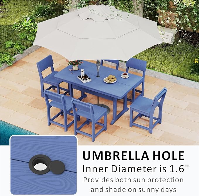 7-Piece HDPE Outdoor Patio Dining Set,Modern Plastic Dining Sets，Patio Table and Chairs Set with Umbrella Hole Cut-Out Table and 6 Chairs Navy