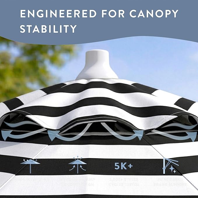 California Umbrella 12-Year Protection 7.5-Ft Outdoor Patio Umbrella, Sunbrella Fade-Resistant Fabric, Auto-Tilt, Heavy Duty Aluminum Frame, 8 Reinforced Ribs for Pool or Deck, White Pole, Cabana Classic