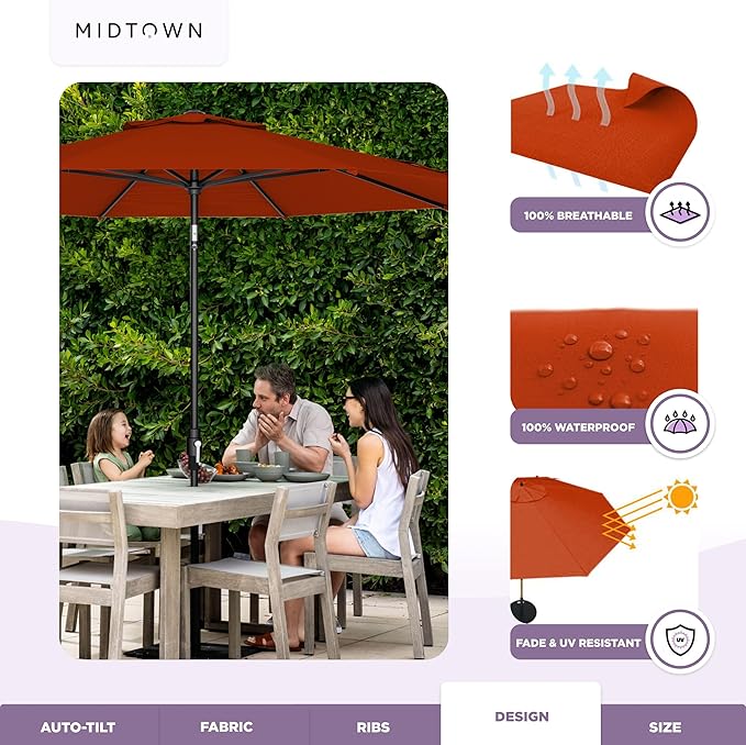 MIDTOWN UMBRELLAS The Swilt 8 Feet Outdoor Umbrella With Terylast Apple (Red) Polyester Fabric - Fiberglass Ribs, Auto-Tilt And Swivel Aluminum Frame Patio Umbrella For Deck, Garden, Pool - Black Pole