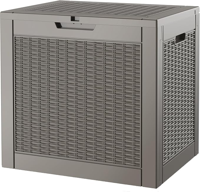Outdoor Storage Box, 31 Gallon Deck Box with Lockable Lid, Waterproof Resin Storage Bin for Patio Furniture, Garden Tools, Cushions, Grey