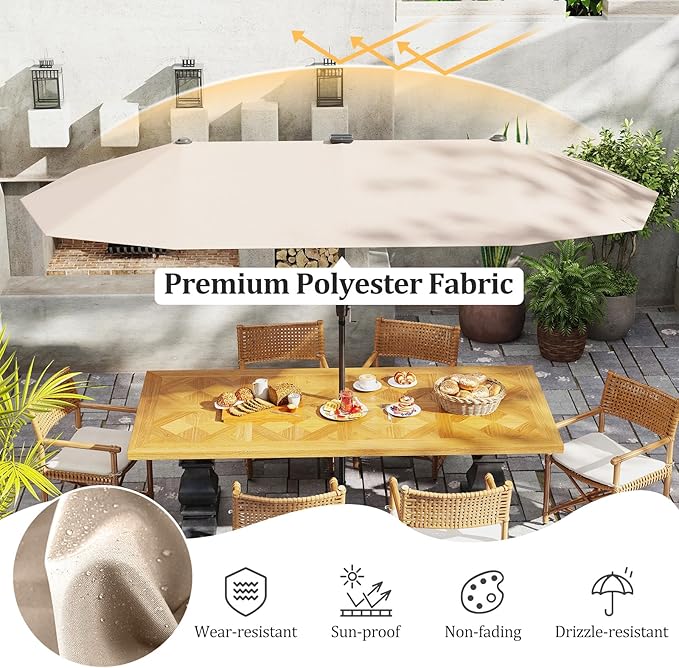 HAPPYGRILL 13 FT Double-sided Patio Umbrella with Solar Lights, Crank Handle & 12 Heavy-Duty Ribs, Outdoor Twin Size Oversized Rectangle Market Umbrella for Garden Deck Poolside