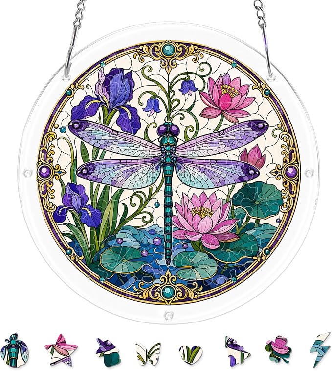 Acrylic Puzzle Suncatcher, Sun Catchers Puzzle for Window Hanging | 7.4 Inch Iris Dragonfly DIY Suncatcher Puzzle for Adults, Ideal Gifts for Women, Men, Wife, Mom, Home & Garden Decor