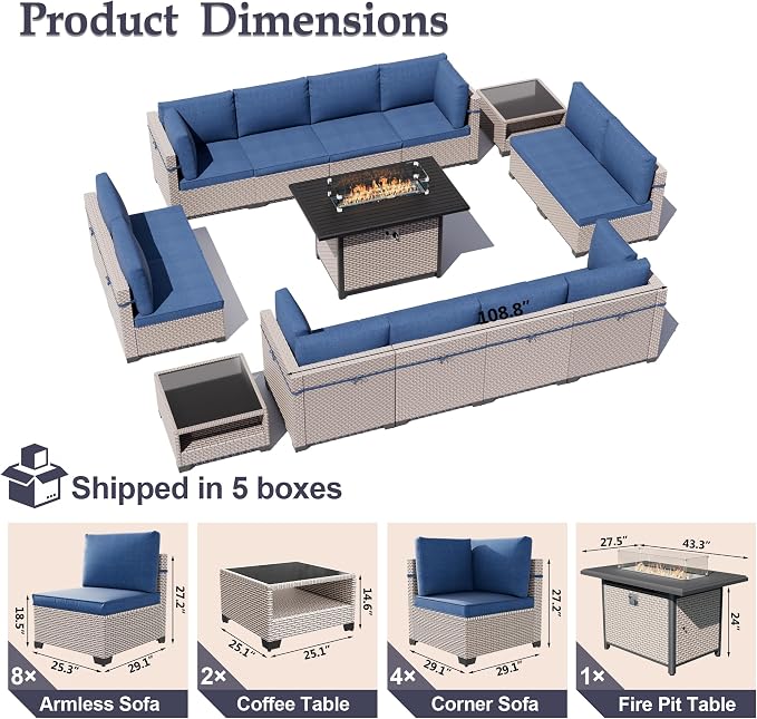 Patio Furniture Set, 15-Piece Outdoor Sectional Sofa with 60,000 BTU Fire Pit Table & 2-Layer Glass Coffee Table, Wicker Patio Conversation Set with Blue Cushions