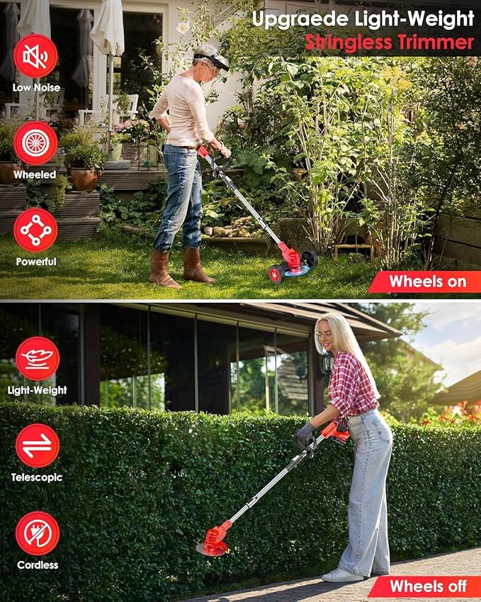 Cordless Weed Wacker, Weed Eater String Trimmer with Wheels, Electric Weed Eater with 2 x 24V Batteries and Charger, Stringless Grass Trimmer/Edger Lawn Tool for Garden Yard Lawns