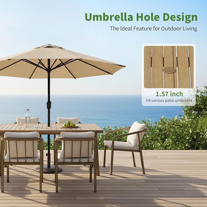 82"×35" Never-Rust Aluminum Outdoor Dining Table – Rectangular Patio Table for 8 Person with Umbrella Hole, Heavy Duty All-Weather for Poolside, Garden, Backyard, Porch, Deck, Teak