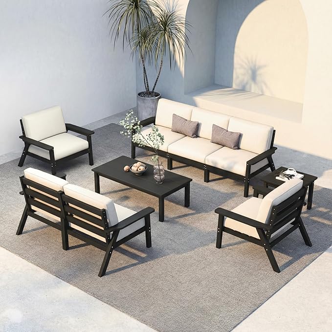 HDPE 7 Piece Patio Furniture Set, HDPE Outdoor Sectional with with Beige Thick Cushions, Coffee Table and Side Table, Patio Conversation Sets for Lawn, Garden, Porch (Black Frame)