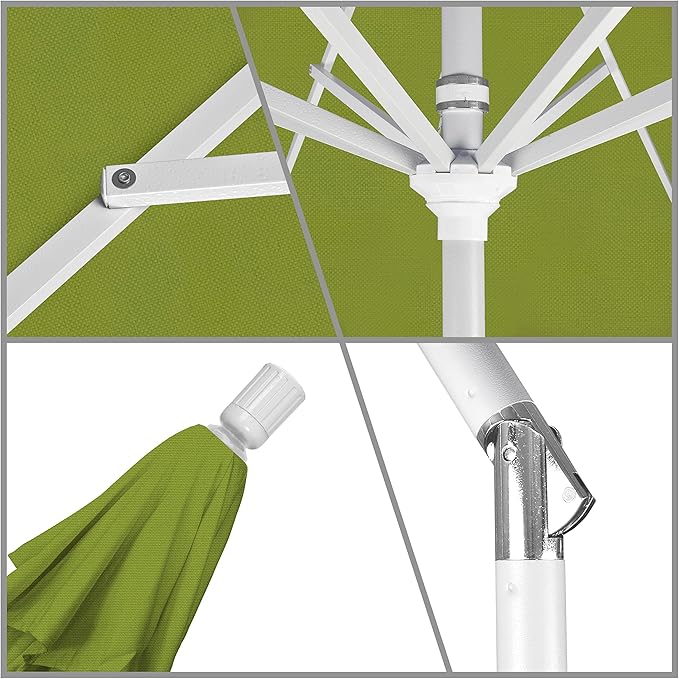 California Umbrella 9' Round Aluminum Market Umbrella, Crank Lift, Collar Tilt, White Pole, Kiwi Olefin
