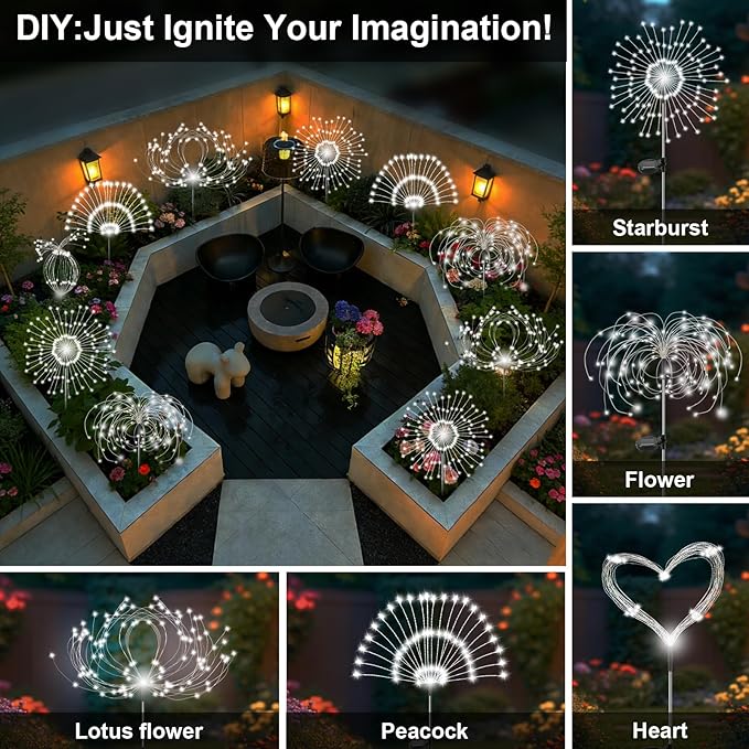 Solar Garden Lights Outdoor, 2 Pack 120 LED Twinkling Firework Lights Decorative with 2 Modes, Outdoor Waterproof Solar Starburst Light for Yard Pathway Planter Patio Decor, White