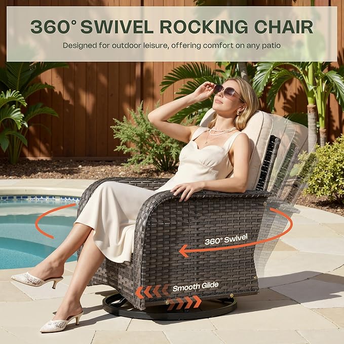 7-Piece Patio Furniture Set, Outdoor Wicker Furniture with Coffee Table, High Back Swivel Rocker Patio Chairs, Modern Rattan Outdoor Chairs Conversation Set for Porch, Balcony, Garden, Beige