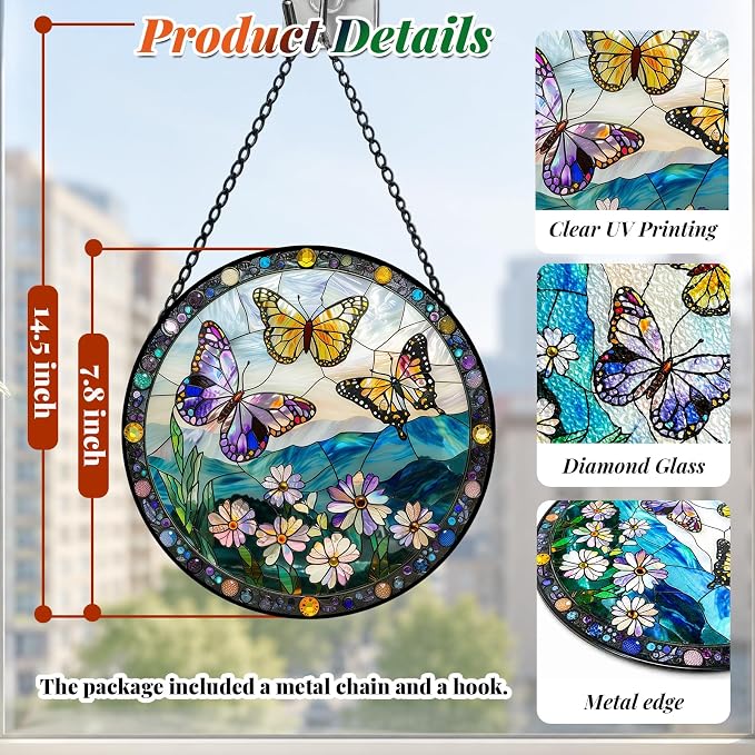 Stained Glass Butterfly Suncatcher Window Hanging Birthday Gifts for Women | 7.8in Garden Sun Catcher, Butterflies Wildflowers Home Decor, Memory Gift for Mom Grandma & Mother's Day, Christmas Ornament