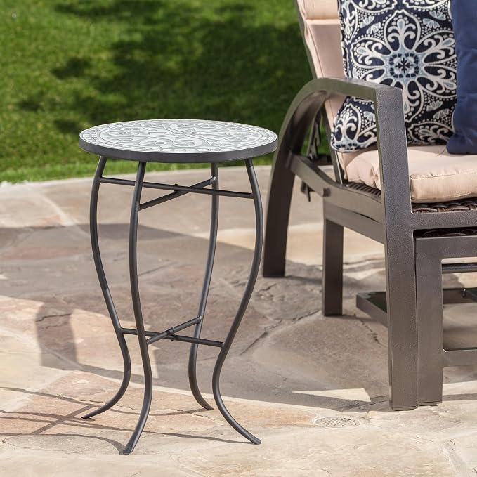 Christopher Knight Home Lora Small Outdoor Side Table with Curved Legs, Patio Decorative End Table for Garden Porch Backyard, Mosaic-Style Round Tabletop, Durable Iron Frame, Grey + Black