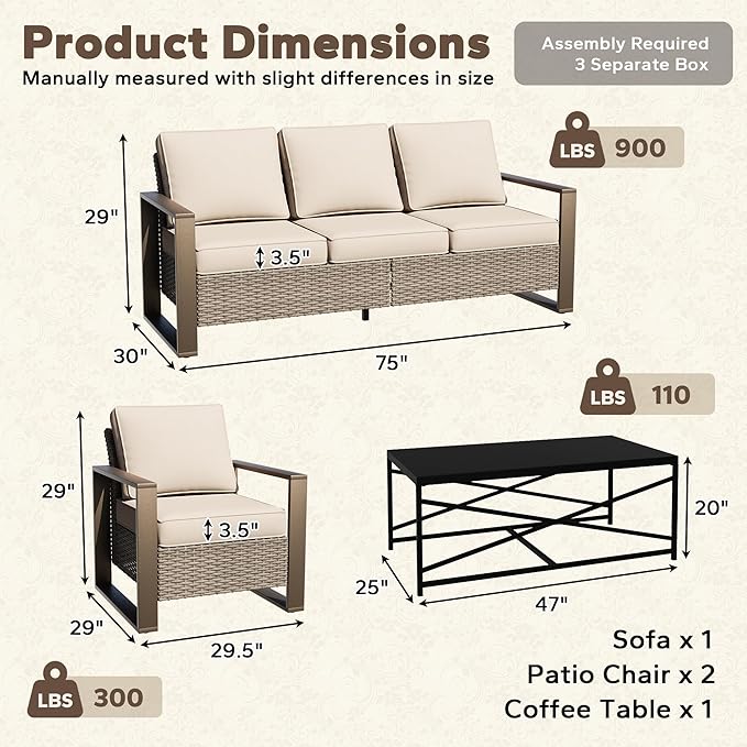 4 Pieces Patio Furniture Set with Wicker 75" Sofa, Two Armchairs, One Coffee Table, All Weather Outdoor Conversation Furniture Set with Metal Armrest & Removable Cushions for Deck, Beige