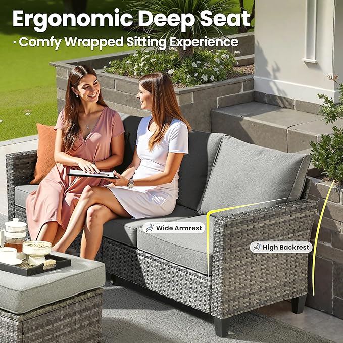 ovios 7 Pieces Patio Furniture Set, Outdoor Wicker Sofa Couch with Swivel Chairs, Rocking Glider Rocker with Comfy Cushions All Weather Rattan Conversation Set, Dark Grey