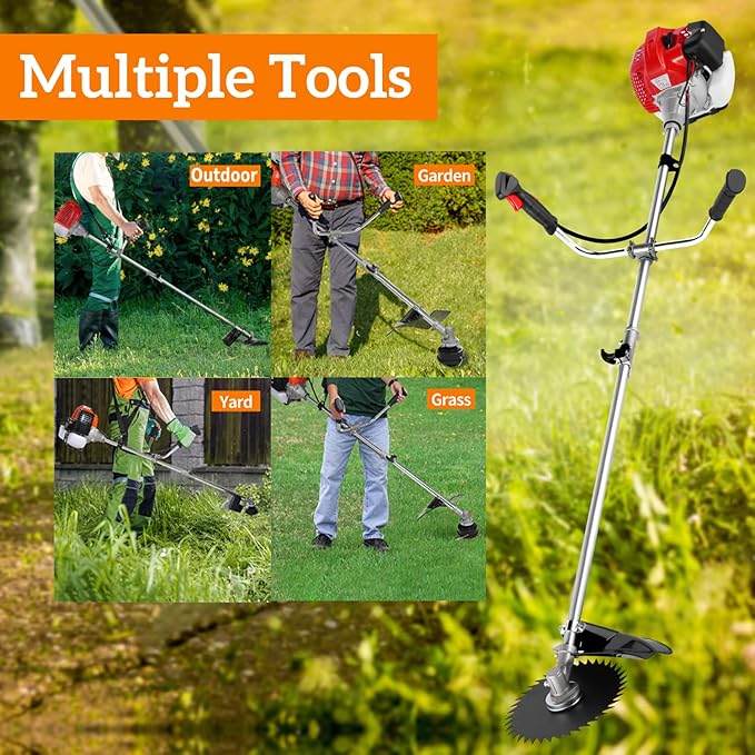 COOCHEER 58cc Weed Wacker, 4 in 1 Brush Cutter Gas Powered, 2-Cycle String Trimmers Gas Brush Cutter Straight Shaft Gas Grass Trimmer for Lawn and Garden Care Trimming, Red