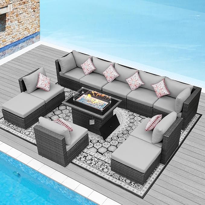 NICESOUL 11 Piece Outdoor Furniture Set with Fireplace, Luxury Big 10-Seats Patio Sectional, 29.3'' High-Back Backyard Seating Comfy, All-Weather Wicker Couch Sets for Outside, Deck, Light Grey