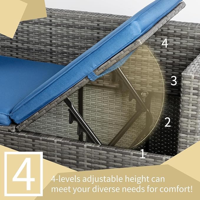 JAMFLY 3-Piece Outdoor Sectional Sofa Set with Glass Coffee Table, All-Weather PE Wicker Patio Furniture with Thick Cushions, Modular Conversation Set for Small Balcony, Deck & Porch, Blue