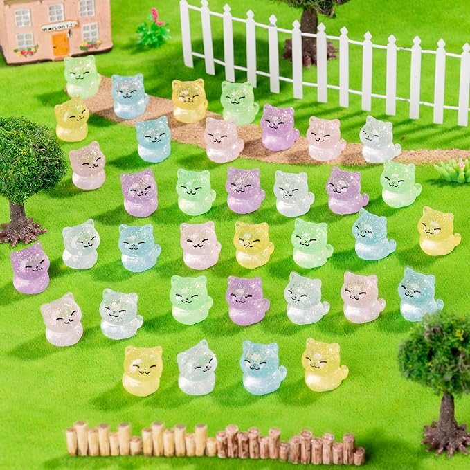 36 PCS Glitter Mini Resin Cat Figurines, Assorted Tiny Kitten Miniature Dollhouse Accessories, Bulk Cute Animal Ornaments for Micro Fairy Garden DIY Craft Aquarium Decor
