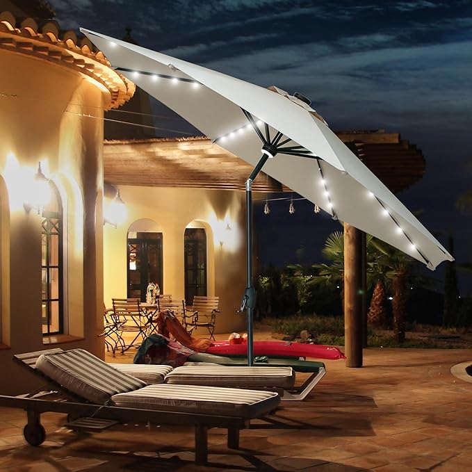 GDY 10Ft Patio Umbrella, Table Umbrella with 40 LED Lights, Outdoor Umbrellas for Patio, with Tilt and Crank, Center Light, for Garden, Deck, Backyard, Pool, and Beach.