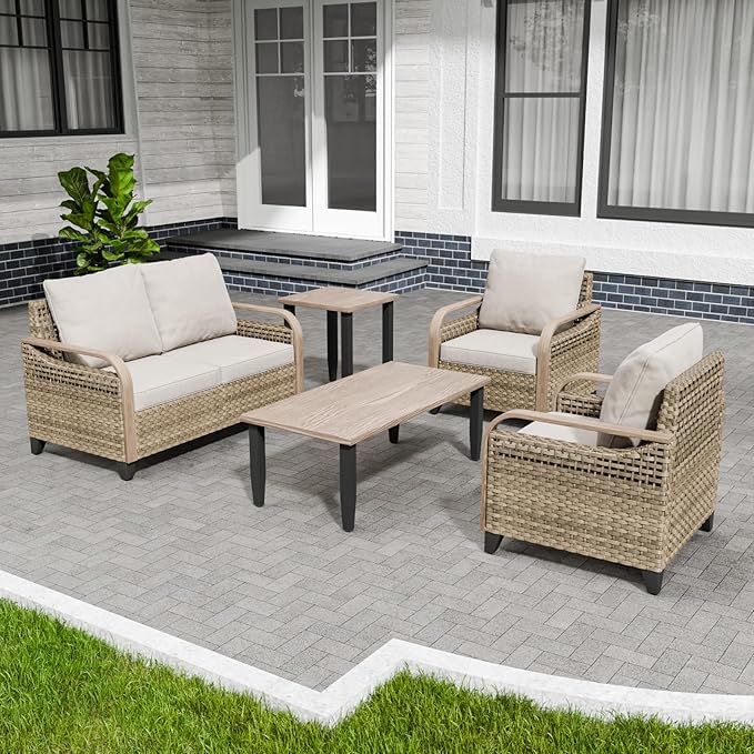 Modern Wicker Patio Furniture Set, Rattan Outdoor Conversation Set with Comfortable Cushions, 2 Patio Chairs, 2 Seat Loveseat, Coffee Table and Side Table, 5 Pieces, Brown/Gray