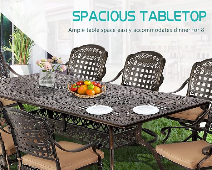 Grepatio 9 Piece Cast Aluminum Outdoor Dining Set, Patio Furniture Set with 2“ Umbrella Hole and 8 Swivel Chairs with Cushions, Patio Dining Furniture Set for Porch Poolside Garden (Khaki)