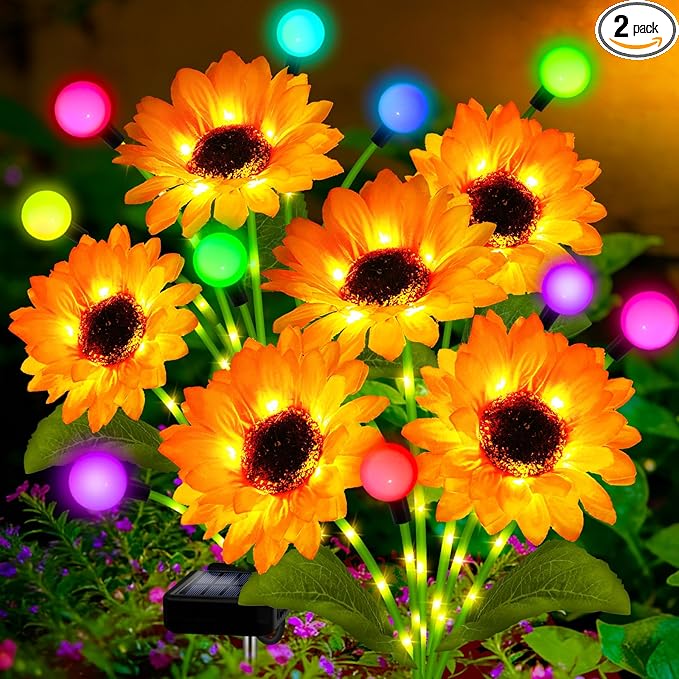 Solar Garden Lights-2 Pack Solar Sunflowers with Multicolor Changing Swaying Firefly Lights,Gifts for Mom Women Mothers Day Birthday,Waterproof Firefly Sunflower Light for Outdoor Patio Yard Decor